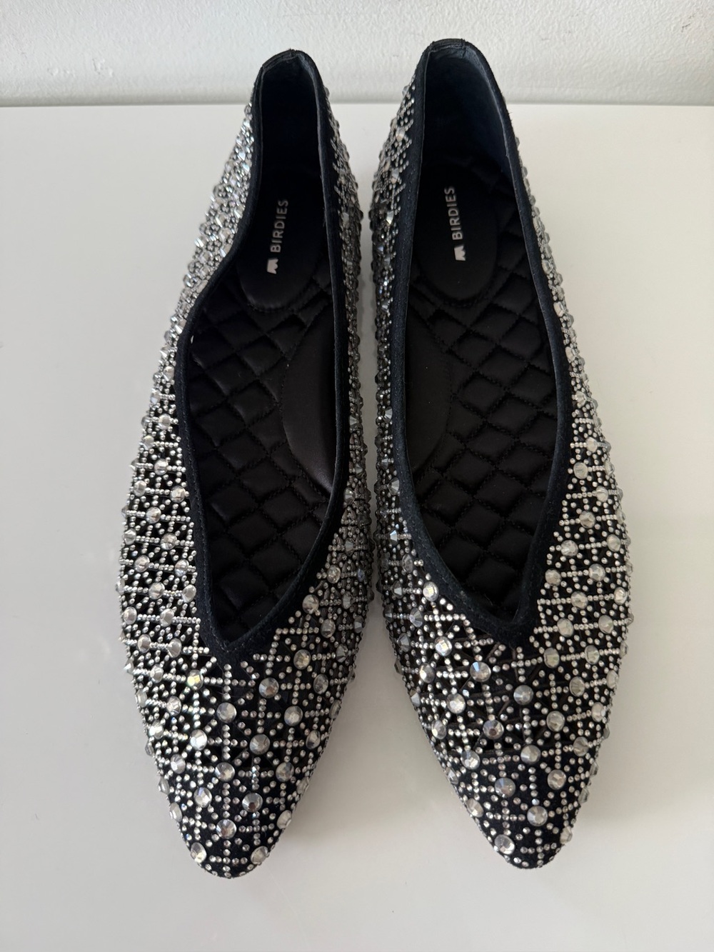 BIRDIES Goldfinch Quartz Crystal Black Pointy Toe Ballet Flats Shoes Size 9